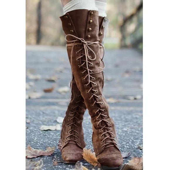 Shoes - Lace Up Over the Knee Chunky Heel Brown Tall Boots
